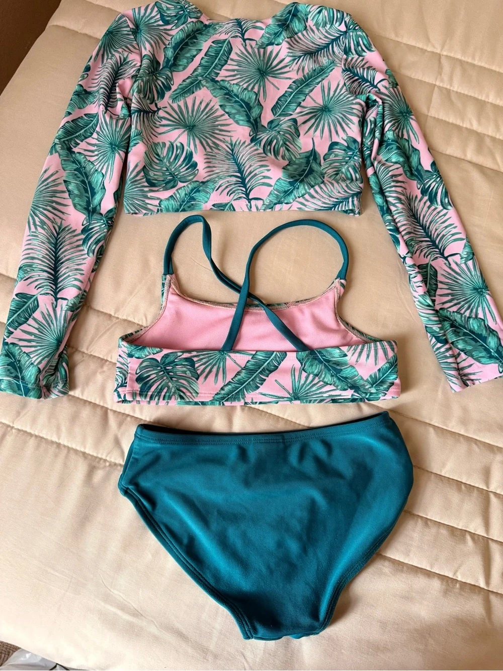 art class Tropical Palm Print Girls Swim Set in Pink and Teal